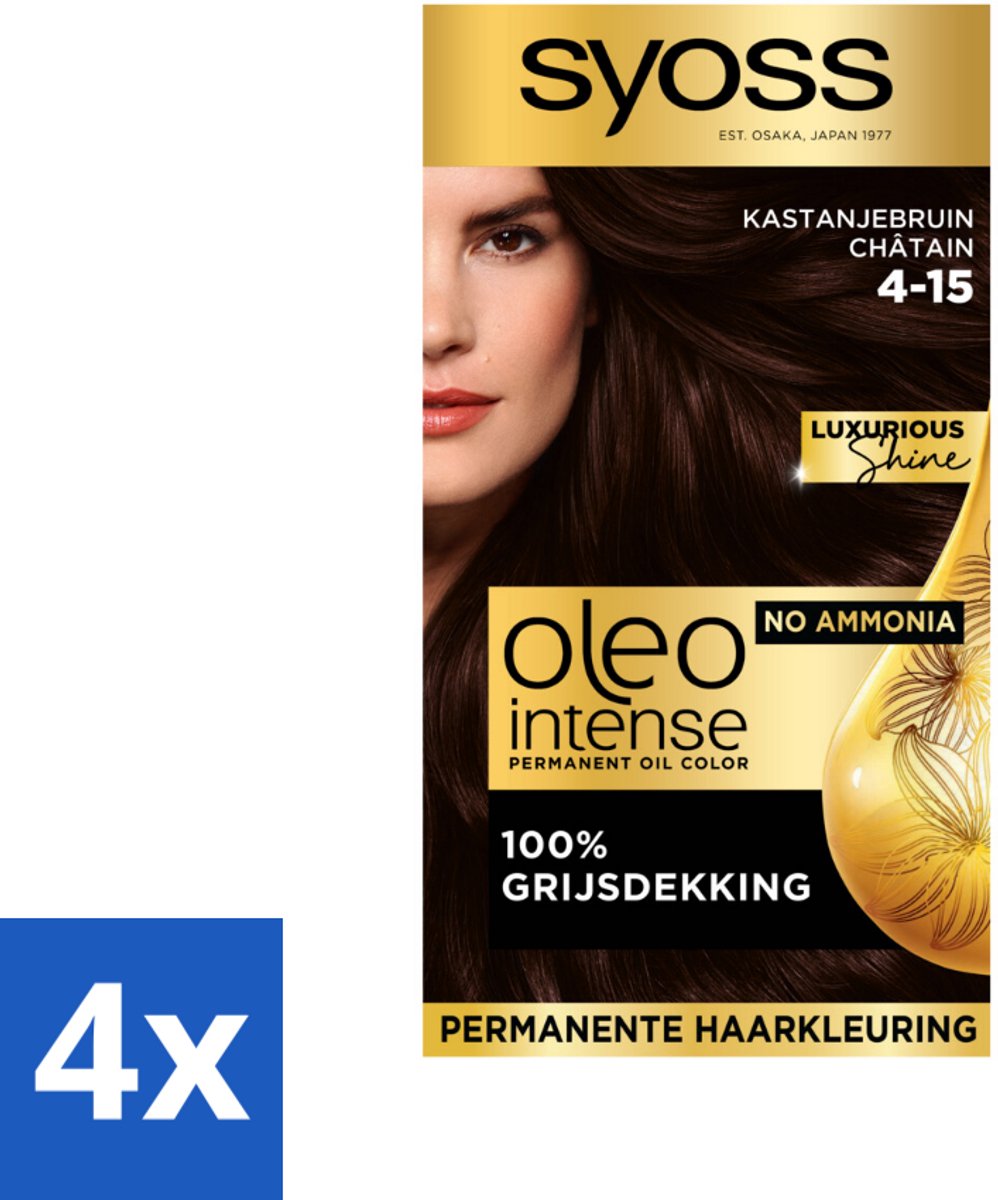4 x SYOSS - Oleo Intense 4-15 Kastanje Bruin - Haarverf - Zonder Ammoniak - Grijsdekking - Langdurige Kleur - Permanente Haarkleur - Haarkleur Zonder Ammoniak - Olie-formule - Grijsdekking - Arganolie