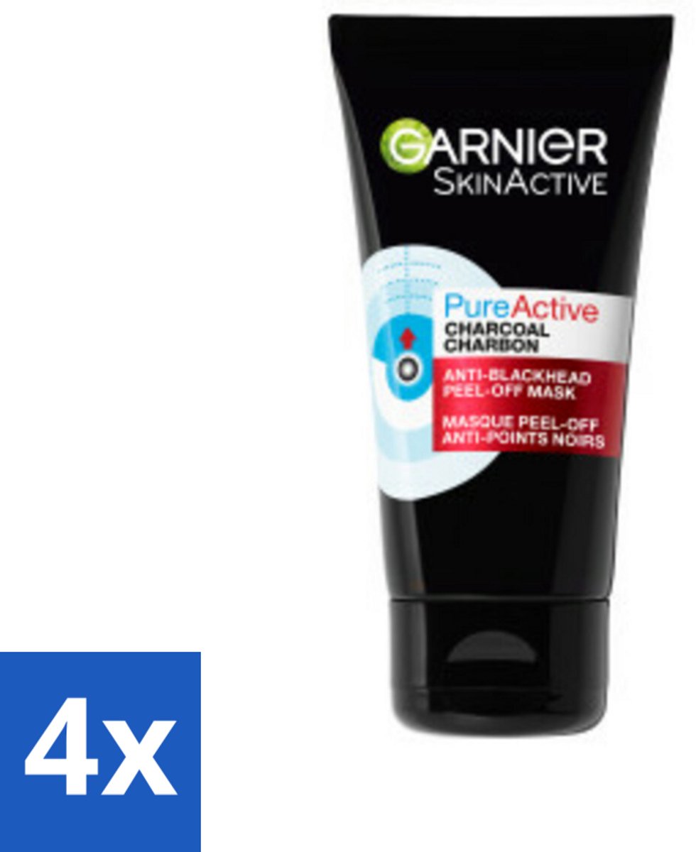 4 x Garnier - Pure Active - Peel-Off Masker - Charcoal - 50 ml - Diepe Reiniging - Houtskool Masker - Poriën Vermindering - Mee-eters Verwijderen - Gezichtsmasker