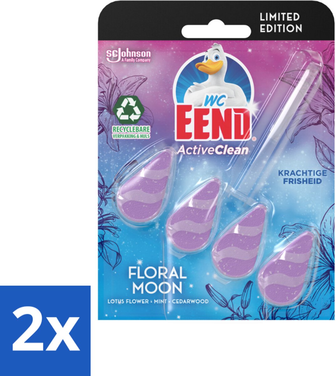 2 x WC Eend - Active Clean Floral Moon - Toiletblok - Lotus, Munt & Cederhout Geur - 38 gr - Toiletblok - Wc Reiniging - Geur - Lotus - Munt