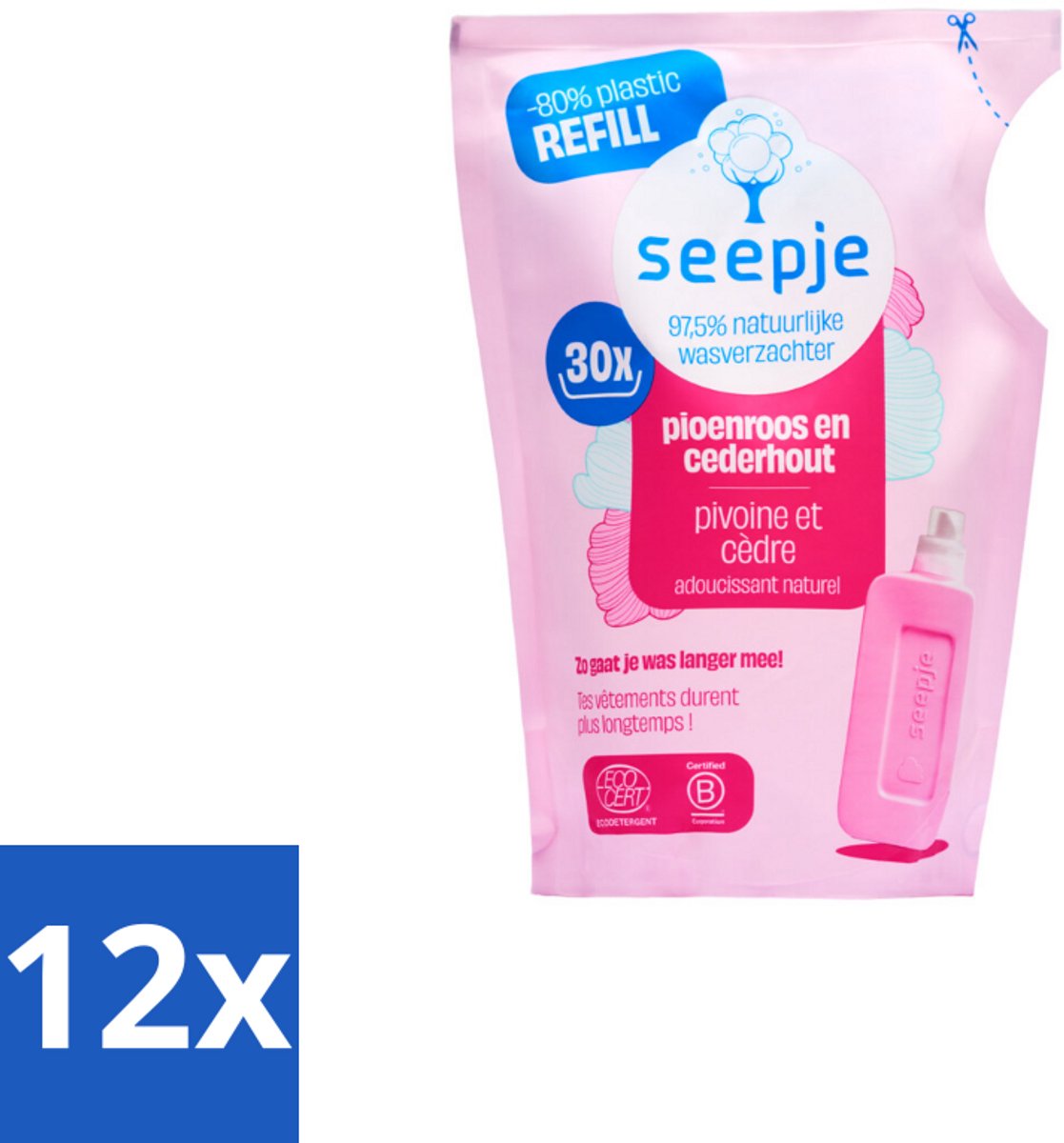12 x Seepje - Wasverzachter - Duurzaam & Frisse Geur - Navulling - Pioenroos en Cederhout - 30 Wasbeurten - 750 ml - Wasverzachter - Wasmiddel - Natuurlijke Wasverzachter - Biologische Wasverzachter - Duurzame Wasverzachter