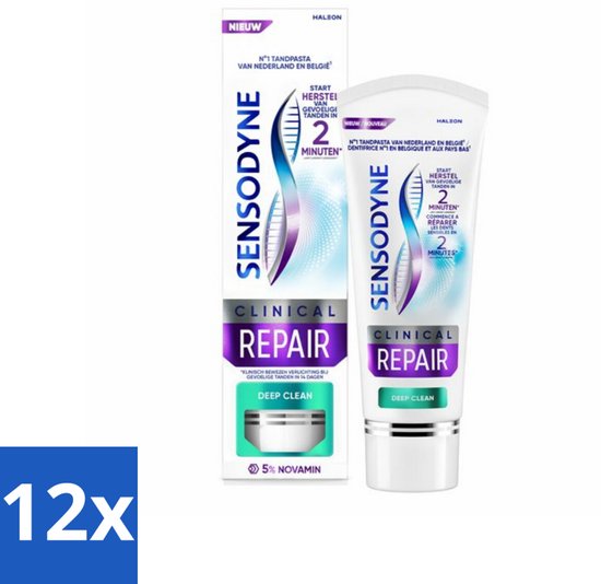 Verpakking van 12 Sensodyne Clinical Repair Deep Clean tandpasta tubes, met blauw, paars en wit design. "Nieuw" staat rechtsboven.