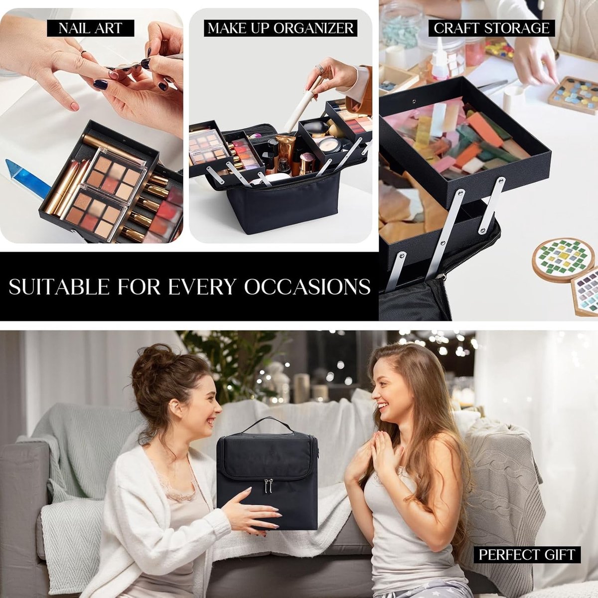 Grote make-up tas - Zwart - 27,5 x 19,5 x 24,5 cm - Waterafstotend Oxford-doek - Voor Dames