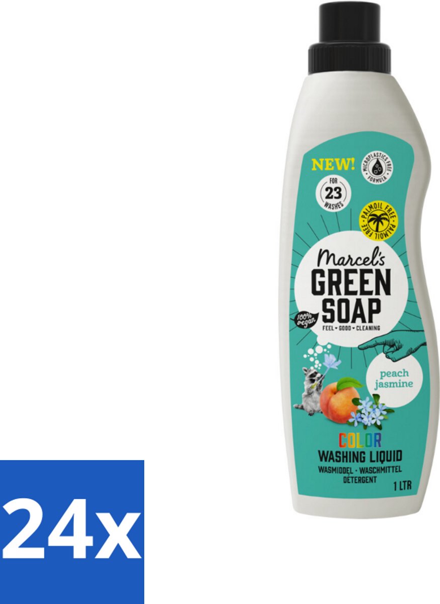 Marcel's Green Soap - Vloeibaar Wasmiddel - Kleur - Perzik & Jasmijn - Effectief & natuurlijk - 23 Wasbeurten - 1 liter - Voordeelverpakking - 24 stuks