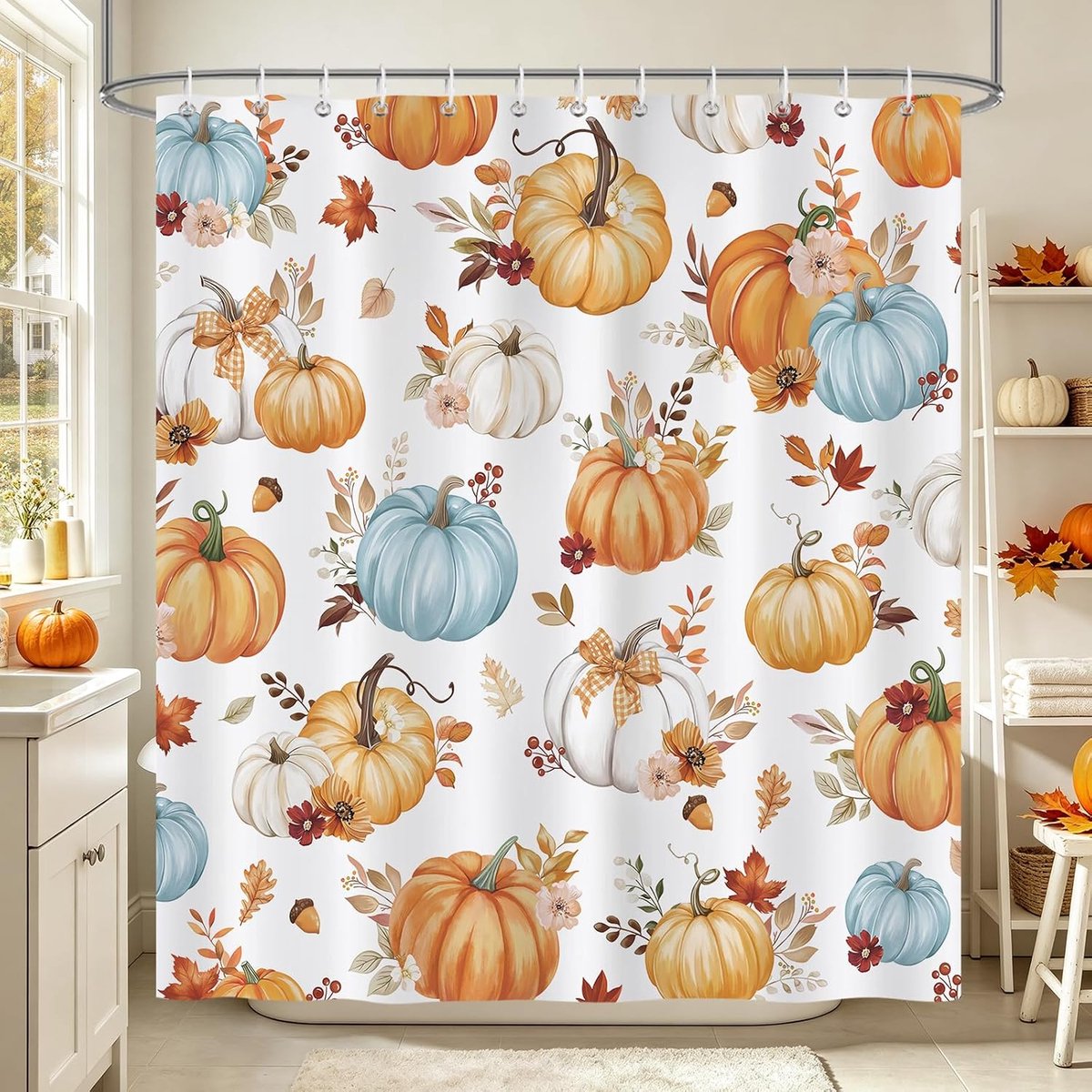 Douchegordijn 182 x 183 cm - Waterdicht polyester - Oranje-blauwe pompoenen en herfstbloemen - ShopVlot
