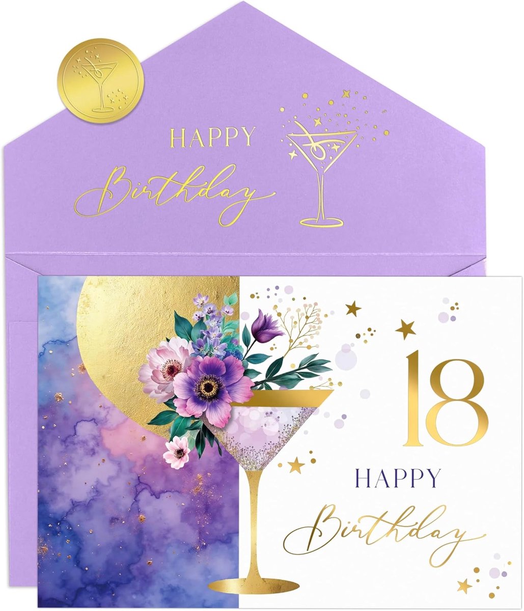 Verjaardagskaart 18 Elegant - Hoogwaardige vouwkaart met Martini bloesem ontwerp - Perfect voor de 18-jarige jarige - ShopVlot
