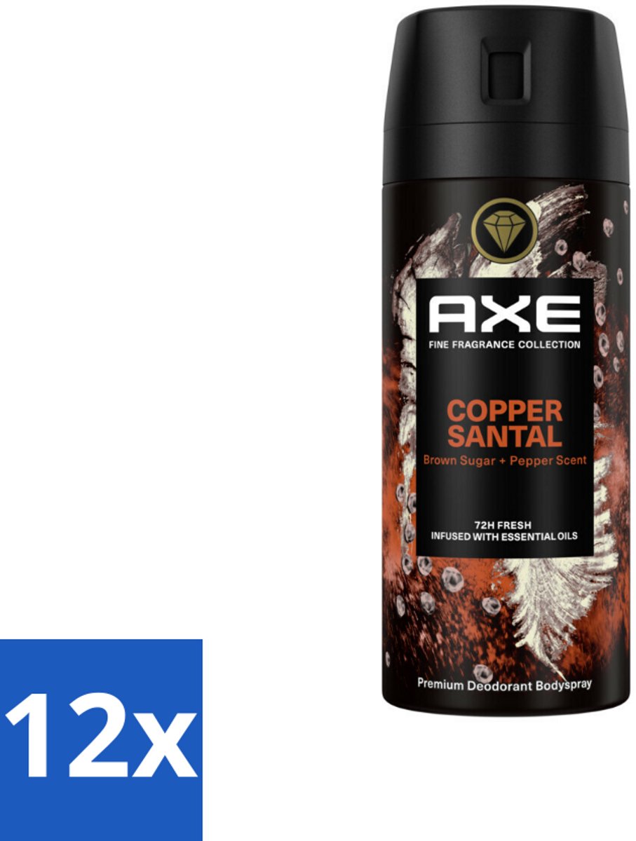 12 x AXE - Deodorant Spray - Copper Santal - Premium Geur - Warme Houtnoten - 150 m - AXE Deodorant - Copper Santal - Mannelijke Geur - Sandelhout - Bruine Suiker