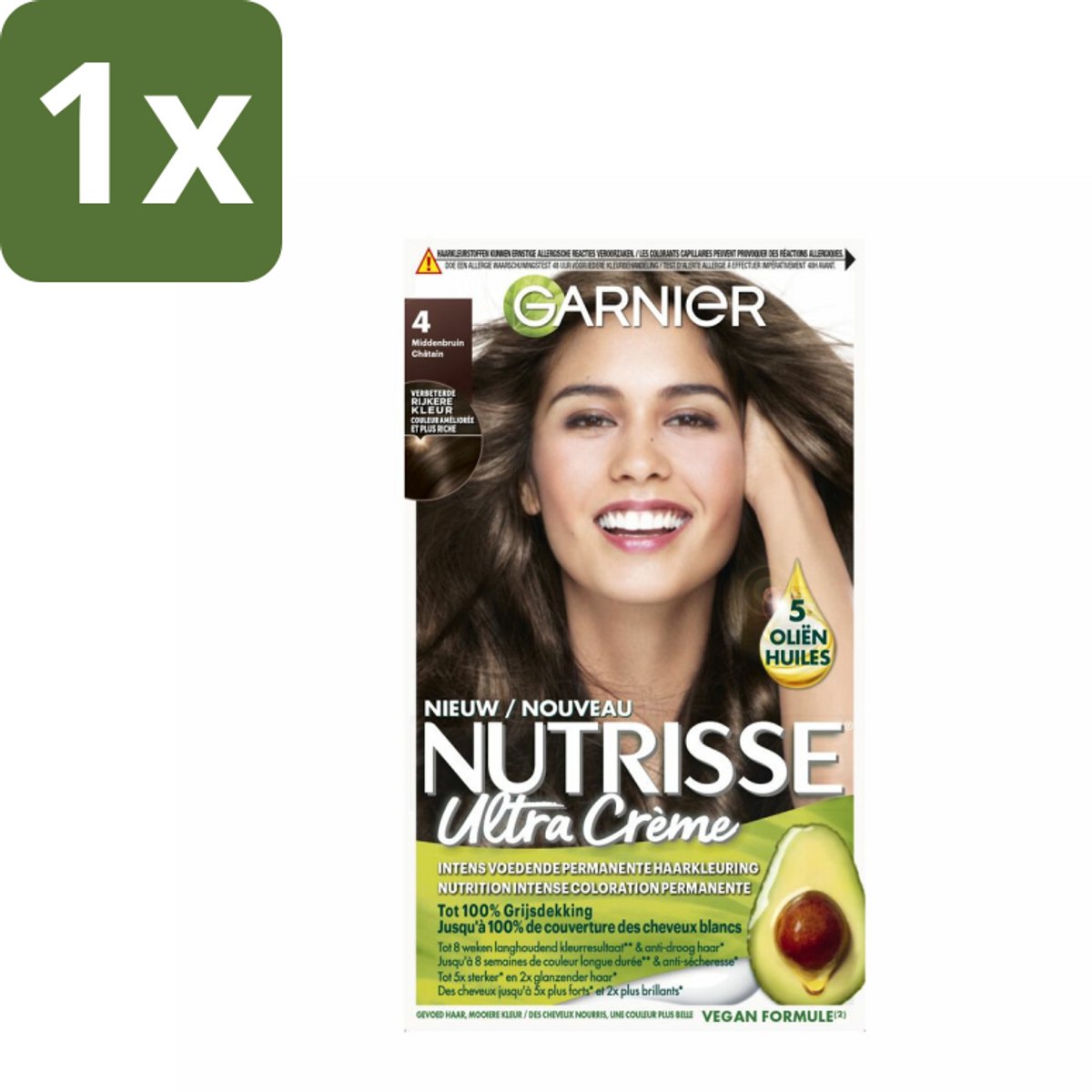 1 x Garnier - Nutrisse Ultra Crème 4 - Haarkleuring - Middenbruin - Intens Voedend - Permanente Kleur - Haarverf - Voedend Haarverf - Permanente Haarkleur - Grijsdekking - Haarverf Middenbruin