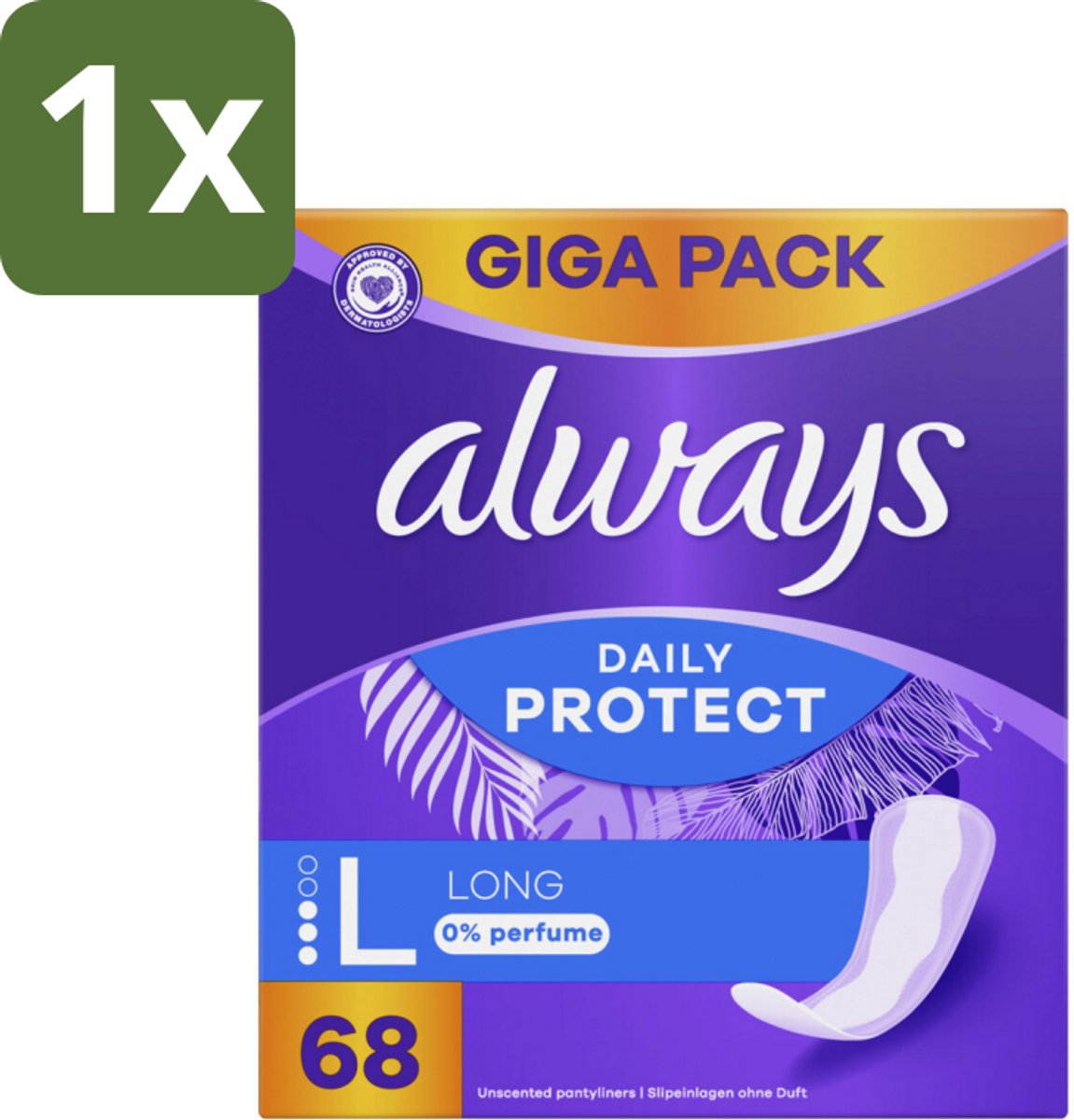 1 x Always - Inlegkruisjes - Long - 0% Parfum - Voordeelverpakking - 68 Inlegkruisjes - Inlegkruisje - 0% Parfum - Langdurige Bescherming - Extra Lang - Extra Breed