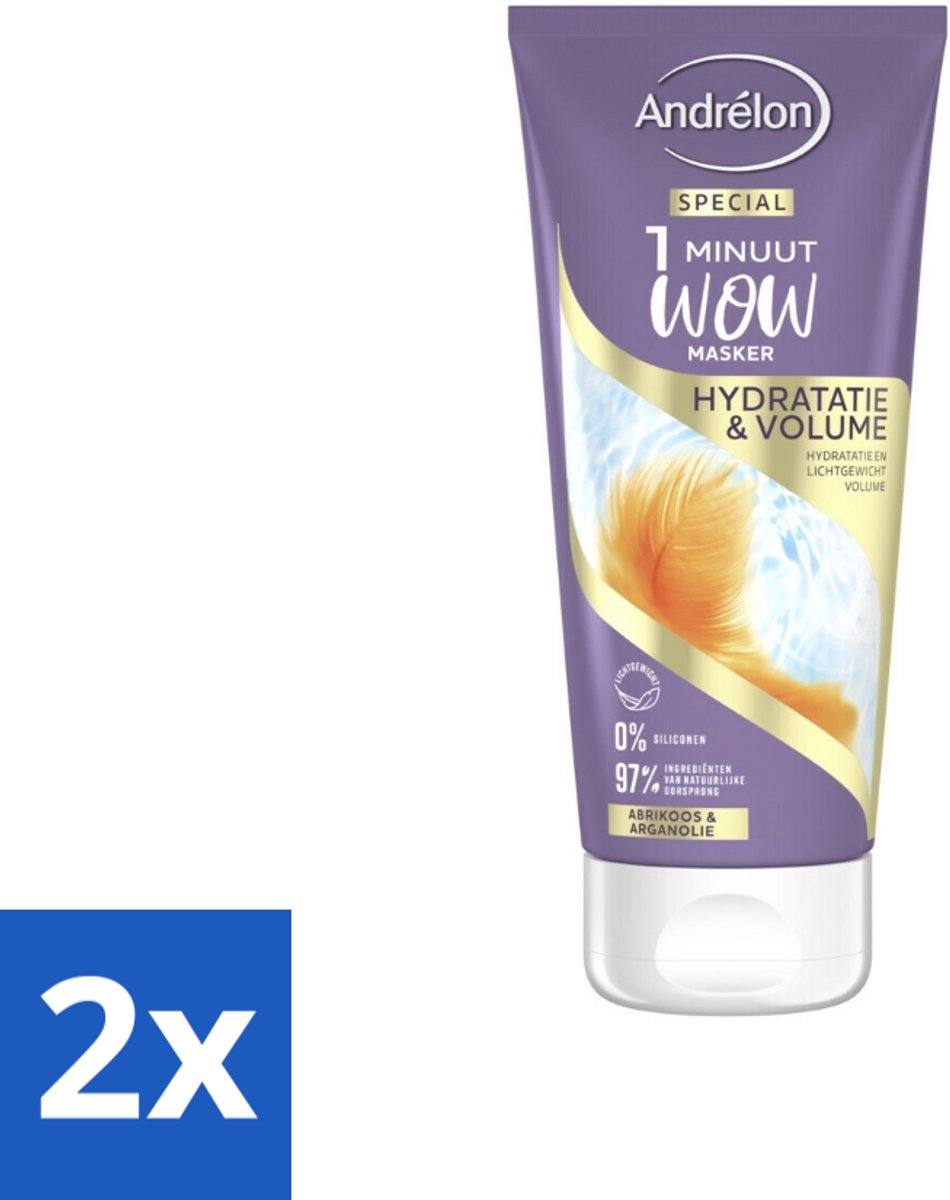 2 x Andrélon - WOW - 1 Minuut Masker - Hydratatie & Volume - 180 ml - Haar Masker - Hydraterend Masker - Volume Masker - Droog Haar - Fijn Haar