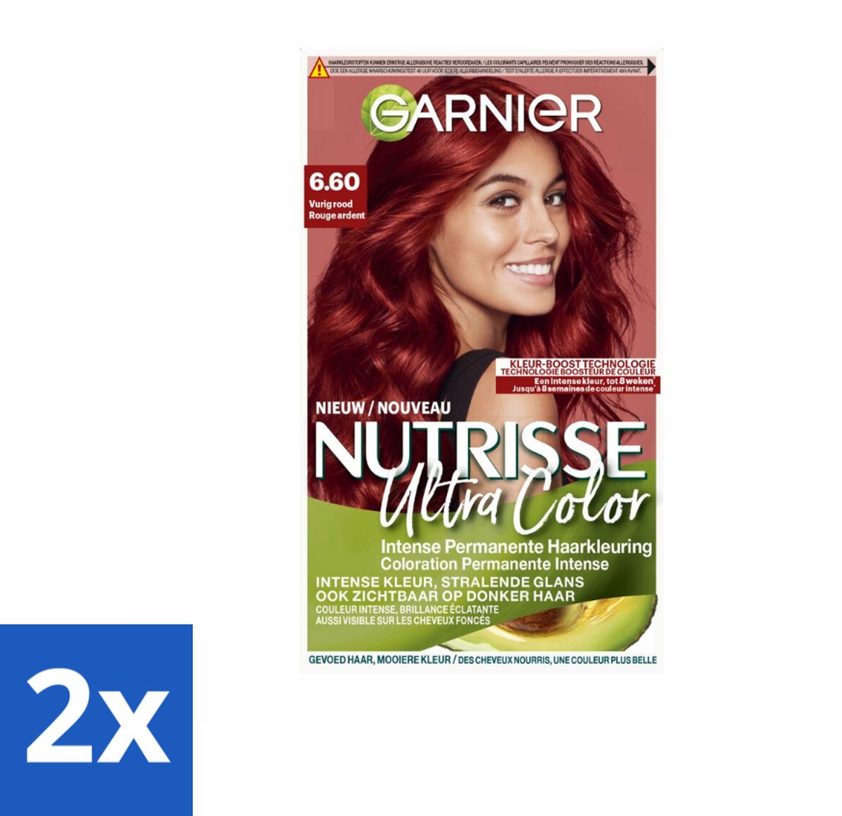 2 x Garnier - Nutrisse Ultra Color 6.60 - Haarkleuring - Vurig Rood - Voedend - Permanente Kleur - Haarverf - Permanente Haarkleuring - Nutrisse Ultra Crème - Grijsdekking - Voedende Haarkleuring