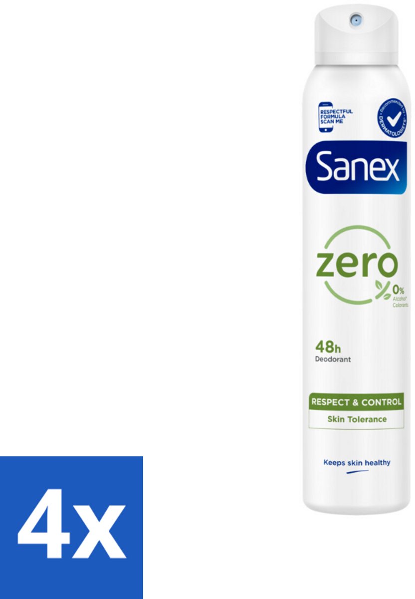 4 x Sanex - Deodorant Spray - Zero% Normal Skin - Zonder Toevoegingen - 200 ml - Sanex Deodorant - Deodorant Spray - Natuurlijke Deodorant - Aluminiumvrij Deodorant - Alcoholvrij Deodorant