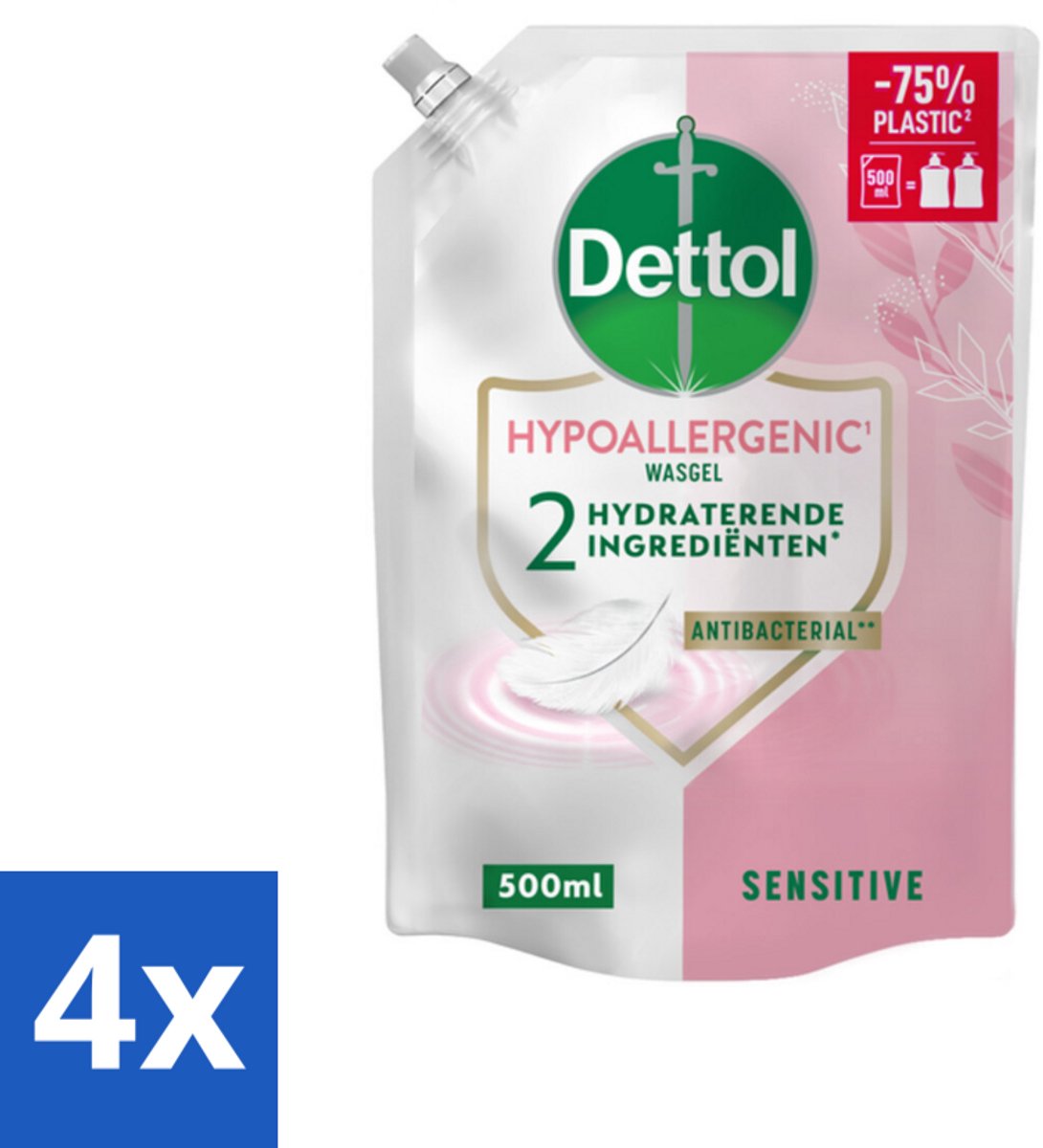 4 x Dettol - Handzeep Navulling - Hypoallergenic - Sensitive - 500 ml - Handzeep Navulling - Hypoallergene Handzeep - Gevoelige Huid - Antibacteriële Zeep - Duurzame Handzeep
