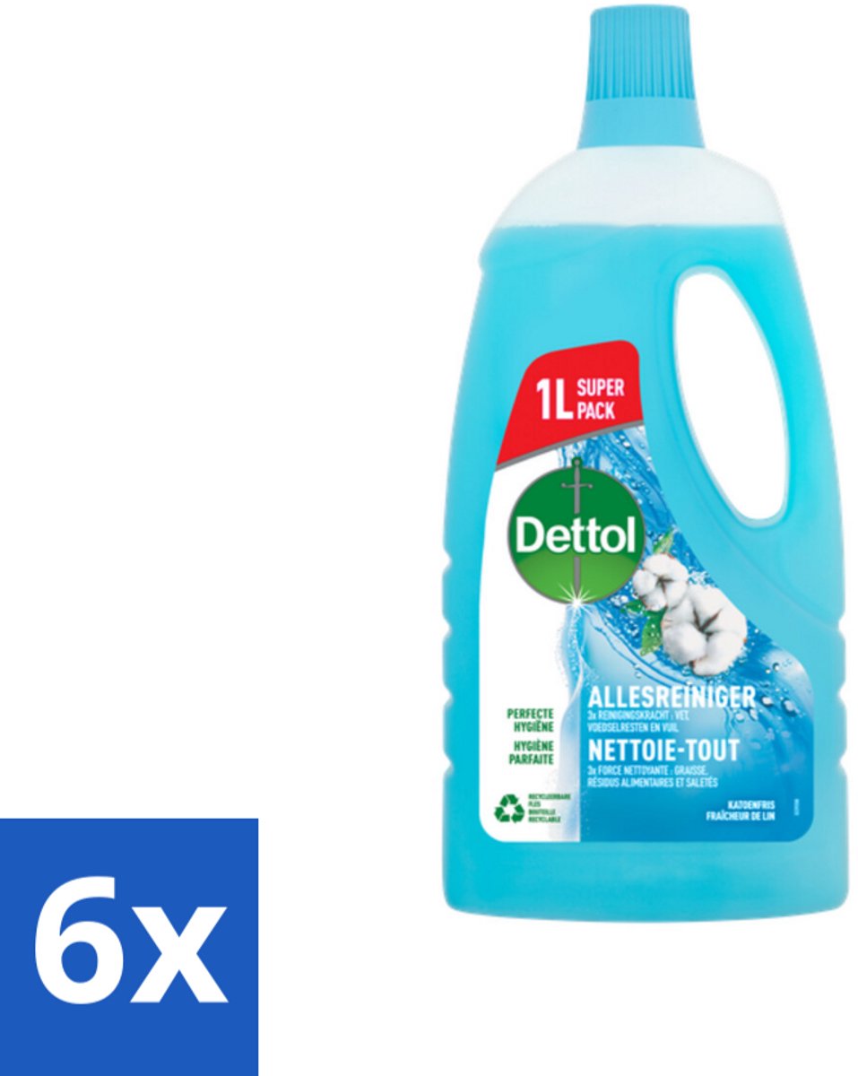 6 x Dettol - Allesreiniger - Power & Fresh - Katoenfris - 1 liter - Allesreiniger - Schoonmaakmiddel - Katoen - Frisse Geur - Hygiëne