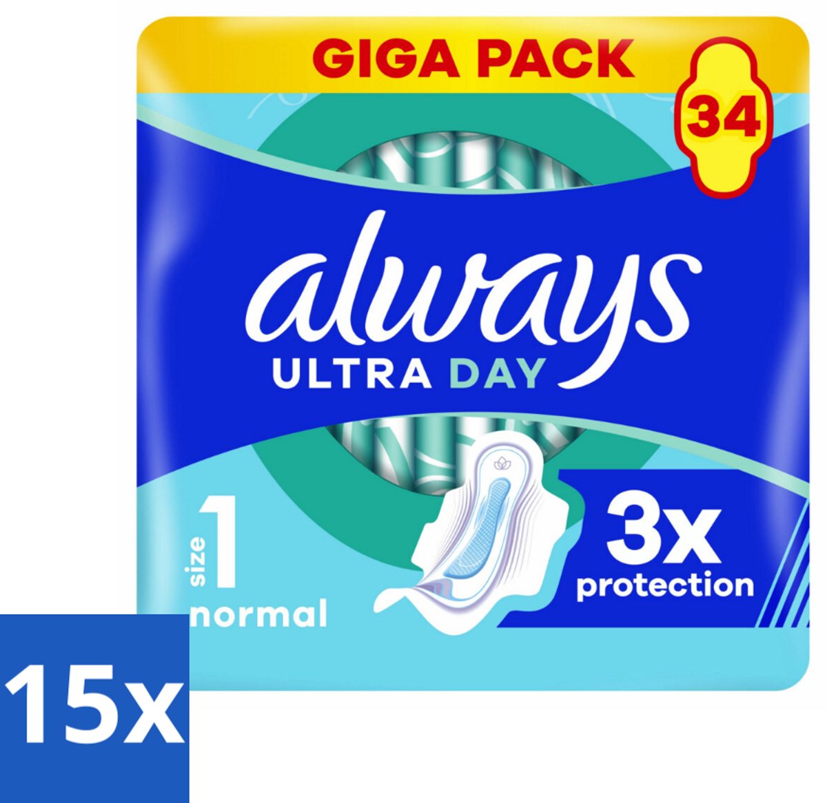 15 x Always - Maandverband - Dag - Normal - 34 Maandverband - Maandverband Dag - Maandverband Normal - Maandverband Voor Dagelijkse Gebruik - Maandverband Met Instantdry - Maandverband Met Leakguard