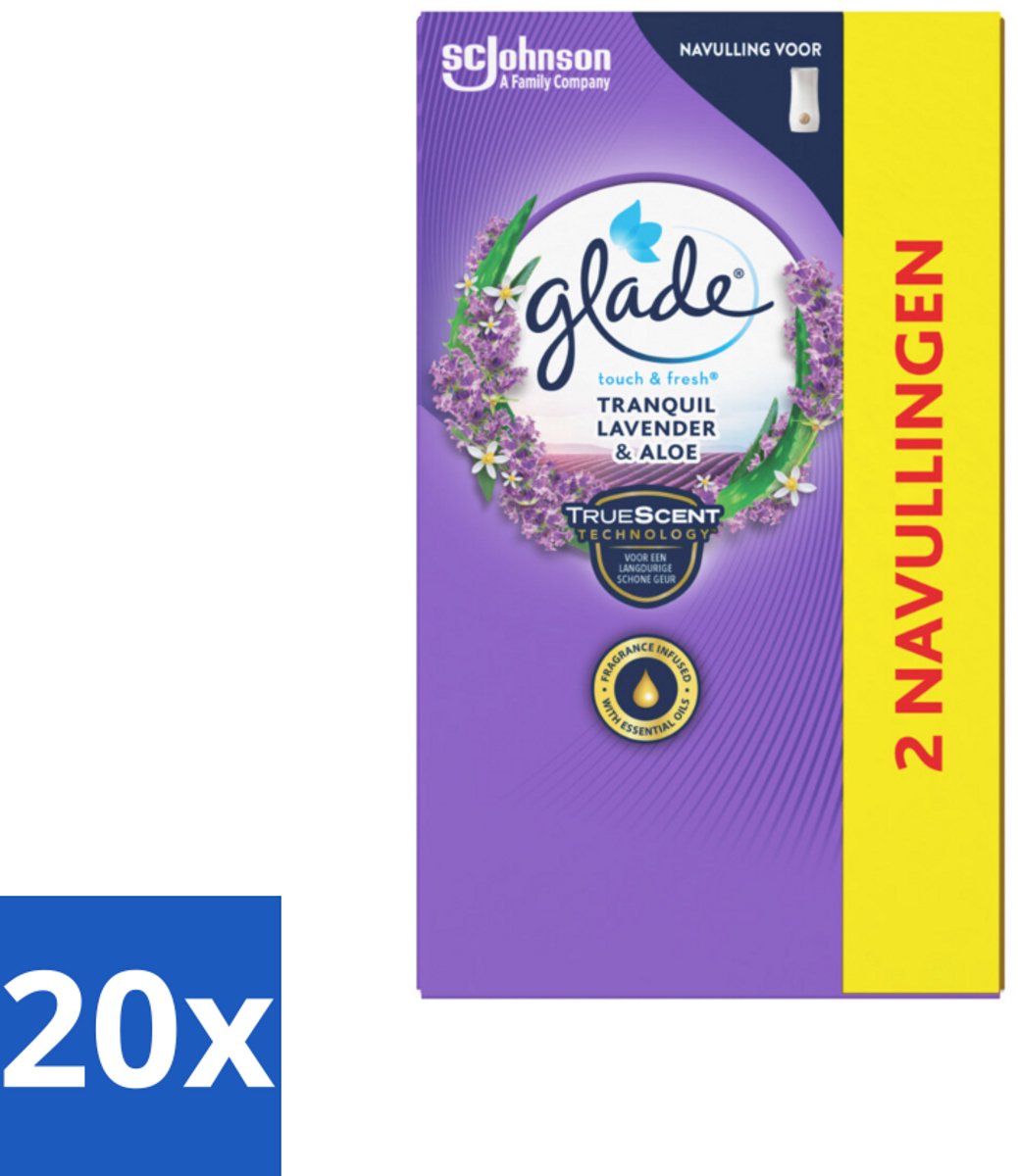 20 x Glade - Touch & Fresh Navulling - Tranquil Lavender & Aloë - 2 × 10 ml - Lavendel Geur - Ontspanning - Frisse Geur - Natuurlijke Geur - Geurverspreiding