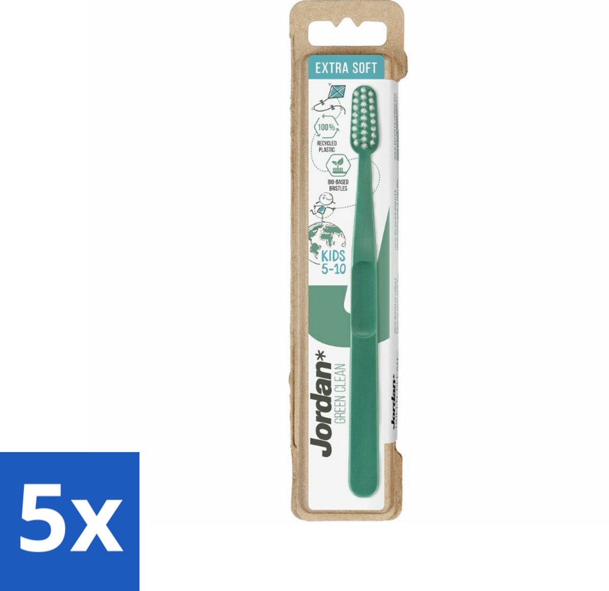 5 x Jordan - Tandenborstel - Green Clean - Extra Soft - 5 tot 10 Jaar - Kinderen Tandenborstel - Kindertandenborstel - Duurzame Tandenborstel - Extra Zachte Borstel - Kindermondverzorging