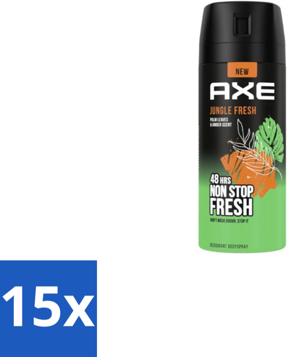 15 x AXE - Deodorant Spray - Jungle Fresh - Tropische Geur - Verfrissend - 150 ml - Deodorant Spray - Tropische Geur - Frisheid - Zweetbestrijding - Geurneutralisatie