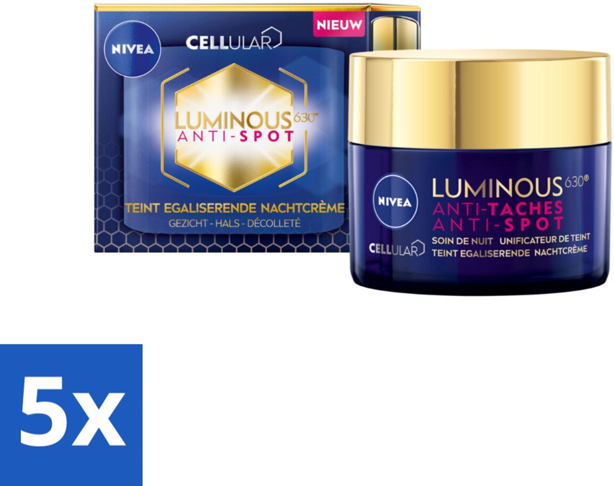5 x NIVEA - Nachtcrème - CELLular LUMINOUS630 Tegen Vlekken - Egaliserend - Tegen pigmentvlekken - Met Hyaluronzuur - 50 ml - Anti-spot Crème - Pigmentvlekken - Huidverzorging - Nachtcrème - Egaliserend