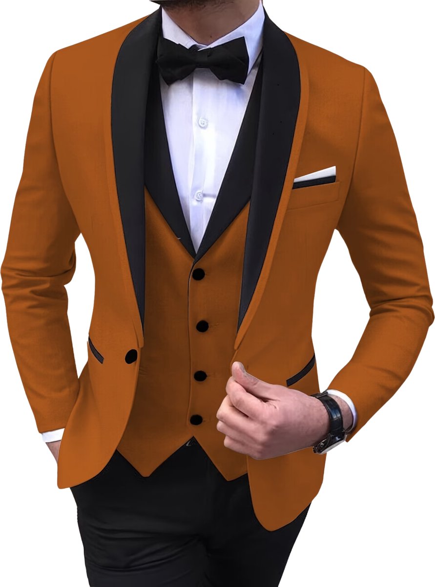 Currero 3 Delig Herenpak Met Overhemd - Suit 2 Delig - Tailored Fit Kostuum - Business Pak - Trouwpak - Smoking - Tuxedo Stijl - Bruiloft, Kantoor & Feest - Lichtbruin-1 M