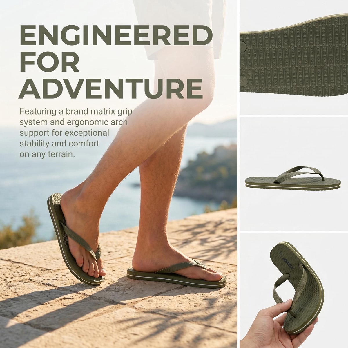 JOMIX Herenslippers met eenvoudige riempjes, antislip, licht, voor zwembad en thuis, Militair Groen, 46 EU - ShopVlot
