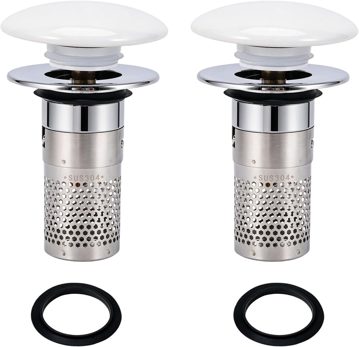 Wastafelstop 2 stuks - keramische kop - haarfilter - voor wastafel en bidet - ShopVlot