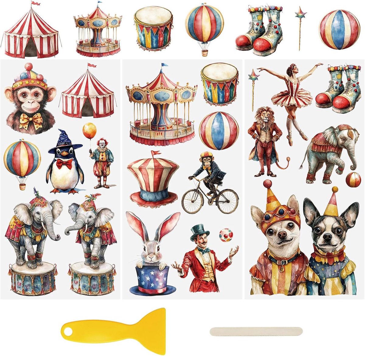 Transfer stickers vintage circus dieren - waterdicht PVC - 3 vellen 15 x 30 cm - perfect voor scrapbooken - ShopVlot