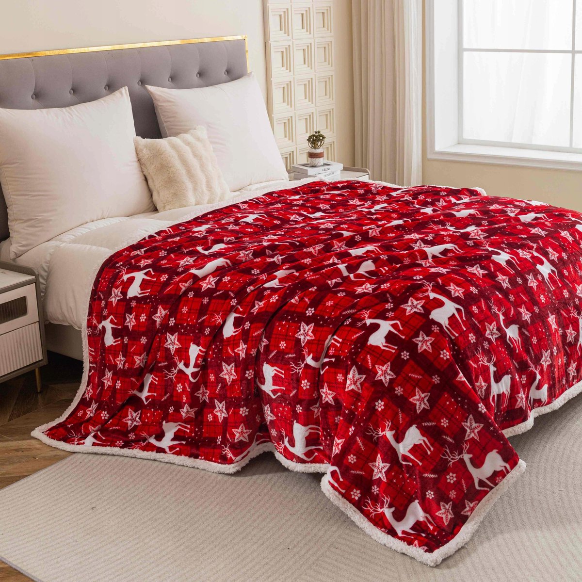Kerstplaid 160x200cm - Zacht & Warm met Lamswol Effect - Rendier Design