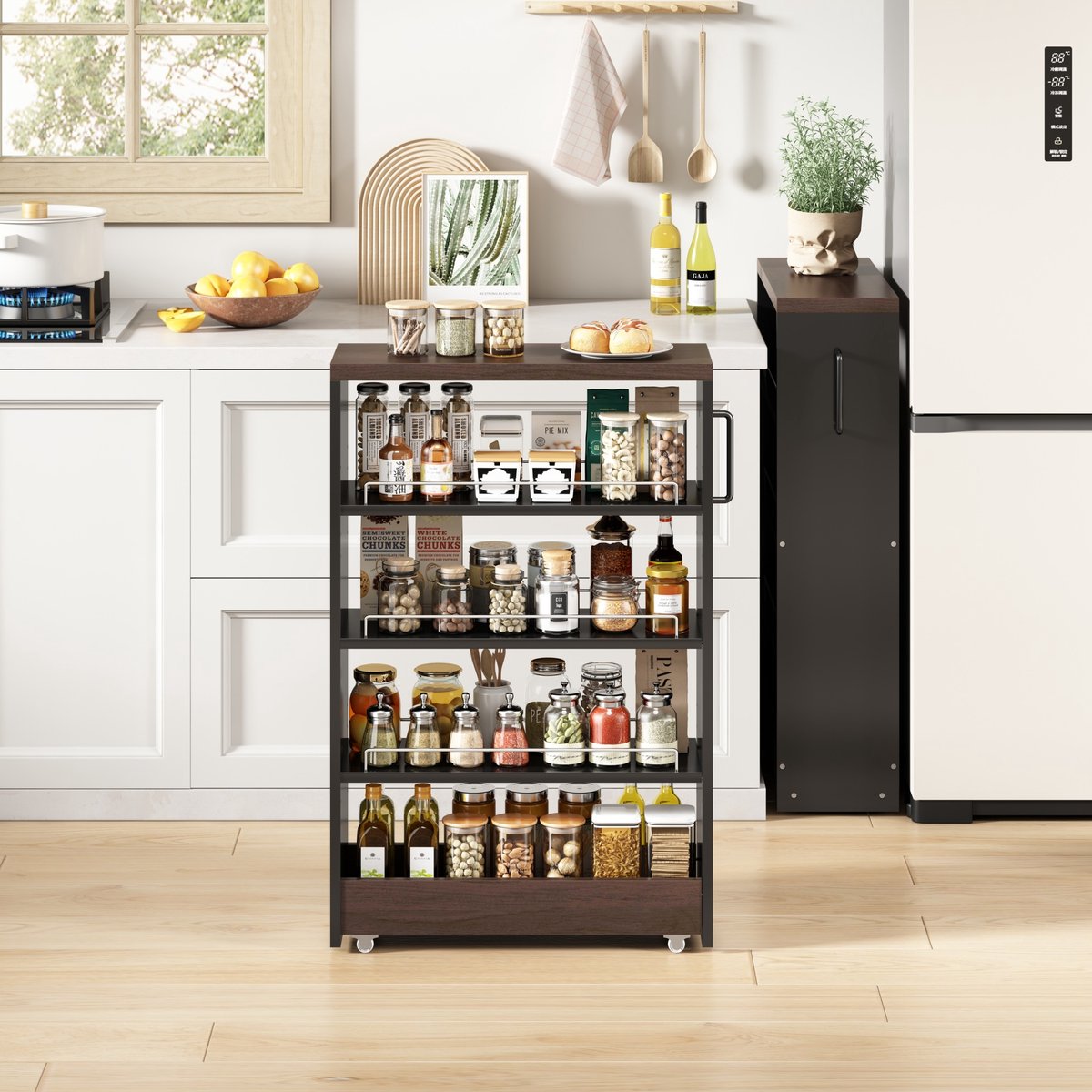Wishdor Smalle opbergkast op wielen - 16 cm breed voor keuken en badkamer - 4 verstelbare planken en open vakken - Industrieel - Zwart bruin houtlook - 55x16x85 cm