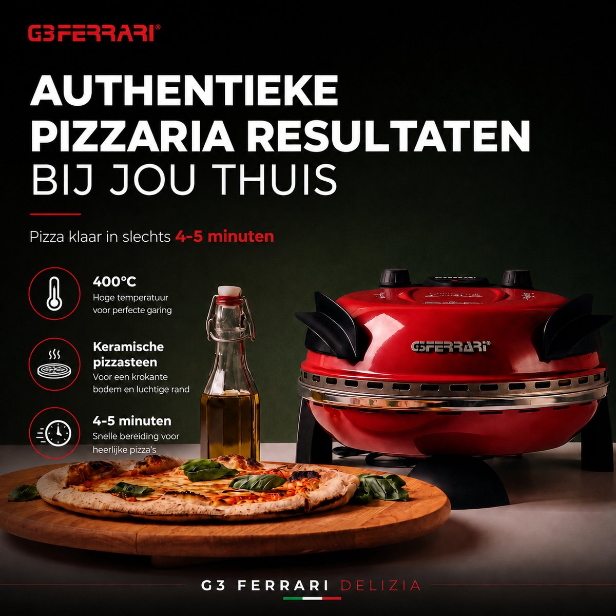 G3 Ferrari Delizia - Pizzaoven elektrisch - 400°C - Vuurvaste pizzasteen Ø31 cm - Pizza in 5 min - Rood – foto 7
