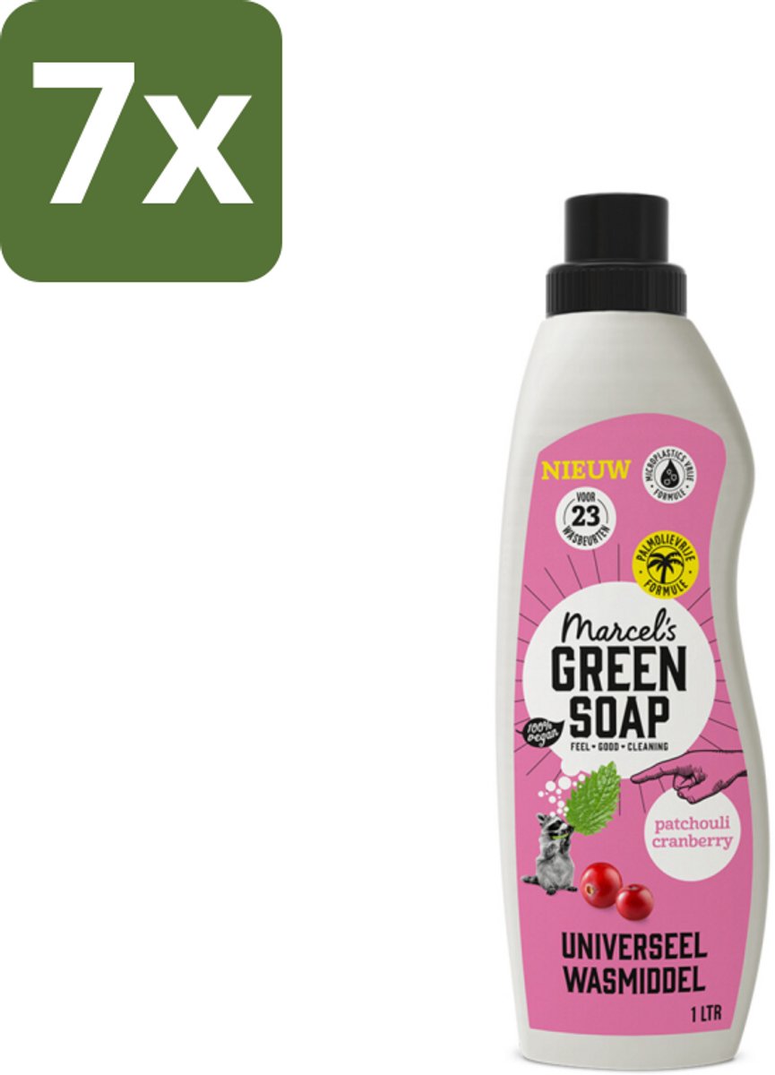 Marcel's Green Soap - Vloeibaar Wasmiddel - Patchouli & Cranberry - Effectief & natuurlijk - 23 Wasbeurten - 1 liter - Bulkverpakking - 7 stuks