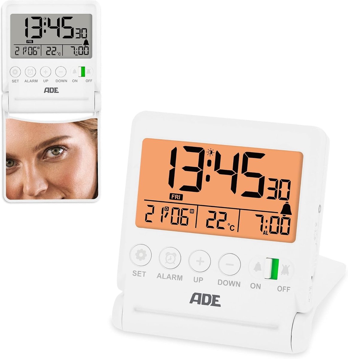 Digitale Reiswekker - Wit - 8,5 x 7,5 x 1,8 cm - Compacte Klok met Spiegel en Temperatuurweergave - Voor Thuis en Onderweg