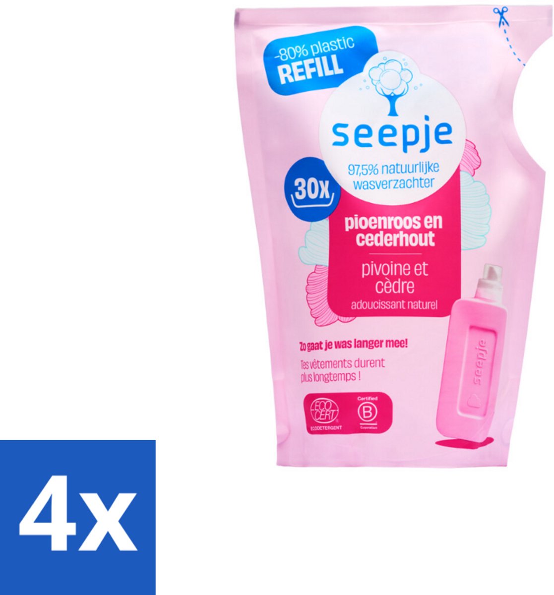 Seepje - Wasverzachter - Duurzaam & Frisse Geur - Navulling - Pioenroos en Cederhout - 30 Wasbeurten - 750 ml - Voordeelverpakking - 4 stuks