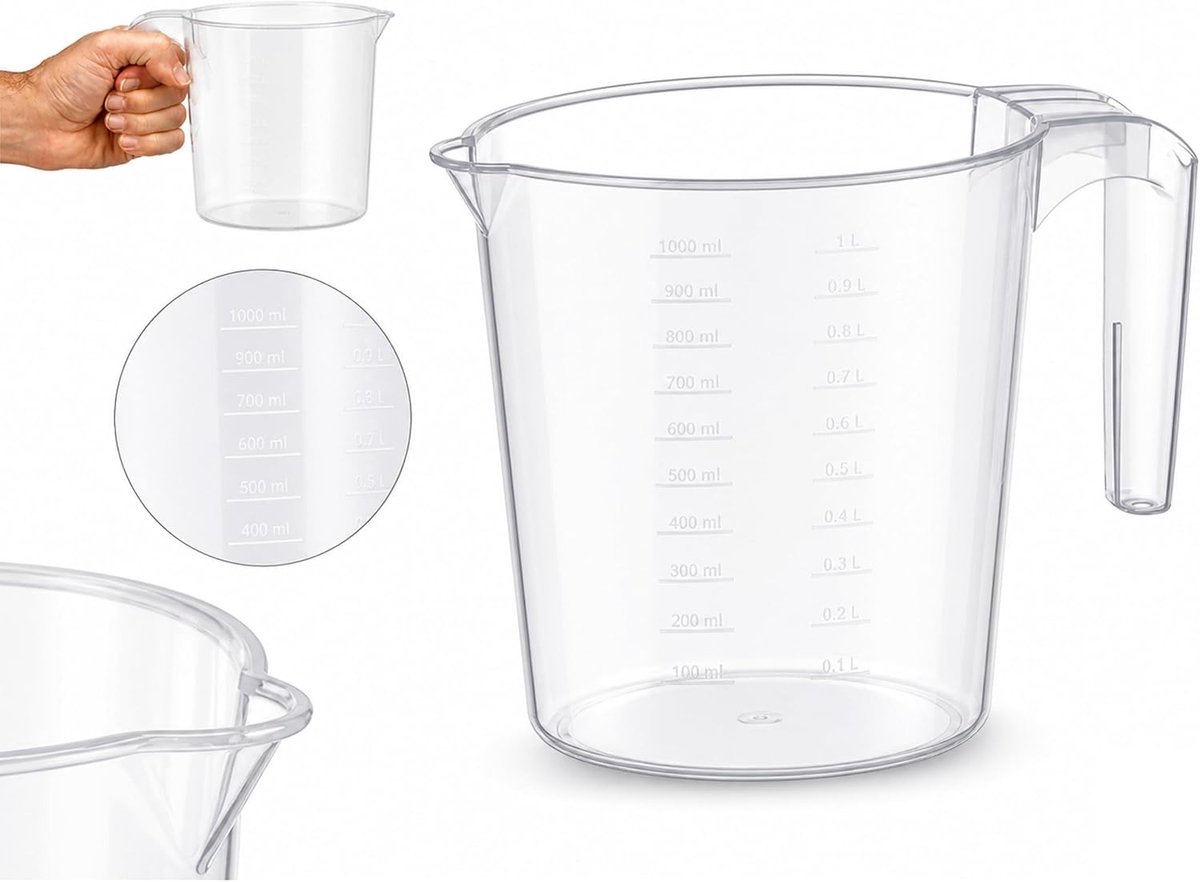 Maatbeker 1L Ergonomisch - Transparant met Schenktuit - Geoptimaliseerde Grip en Opbergfunctie - ShopVlot