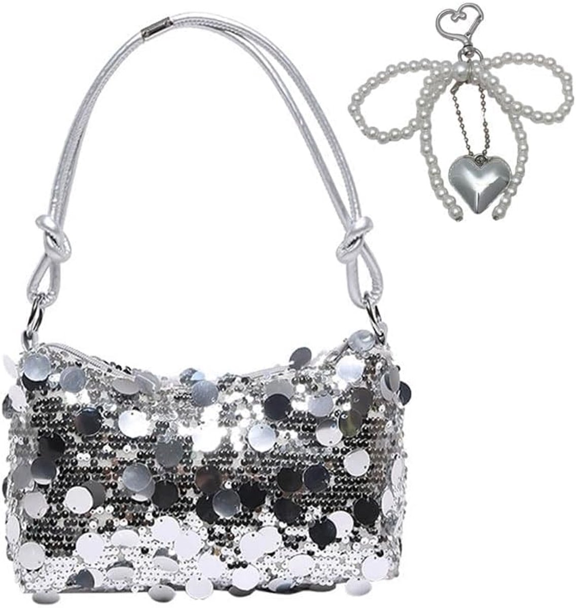 Pailletten avondtas - dames baguette tas - glitter met hart hanger - perfect voor feesten - ShopVlot