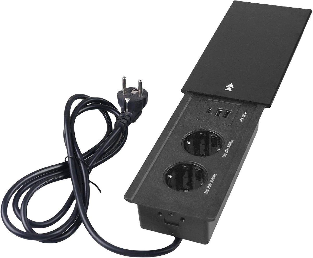 Inbouwstopcontact - Zwart - 19 x 10 x 5,5 cm - Aluminium met 2 USB A en 1 Type-C - Voor Bureau en Vergaderruimte