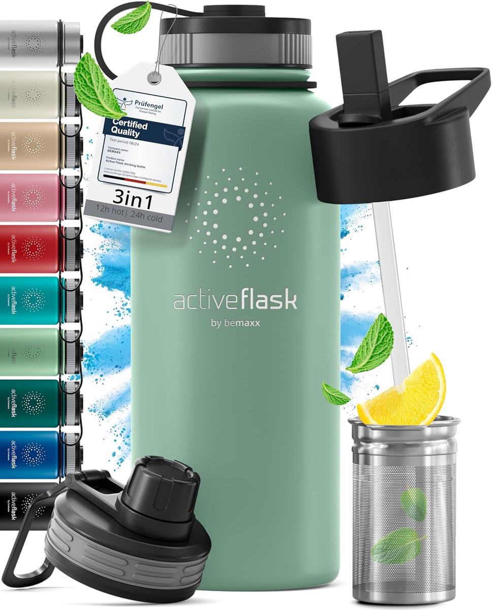 Drinkfles RVS Thermosfles 1 Liter - Isoleerfles met Strohalm - Lekvrij en BPA-vrij - Ideaal voor Sport en Fietsen - ShopVlot