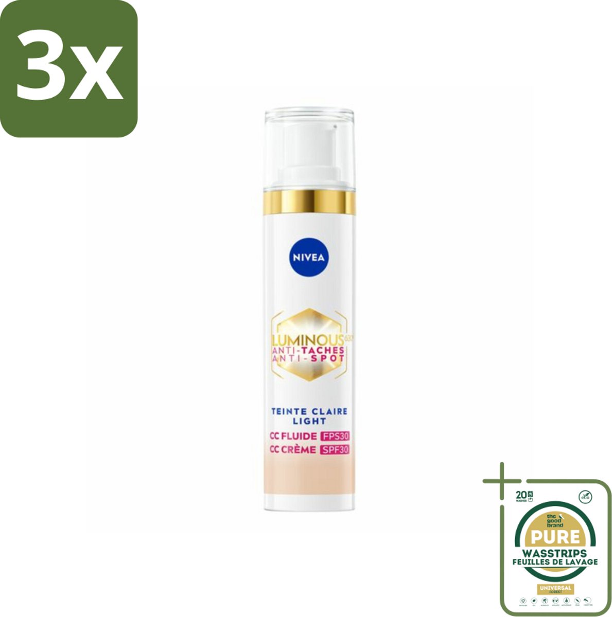 3 x NIVEA - Cellular LUMINOUS630 CC Crème Licht - Gekleurde Dagcrème - Tegen Pigmentvlekken - SPF 30 - 40 ml - Grootverpakking - Pigmentvlekken - Pigmentatie - Zonbescherming - CC Cream - Huidverzorging