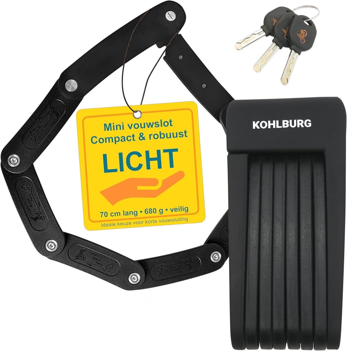 Licht en Klein Vouwslot - Zwart - 70 cm - Veilig Fietsslot van Gehard Staal - Voor Fiets en E-bike