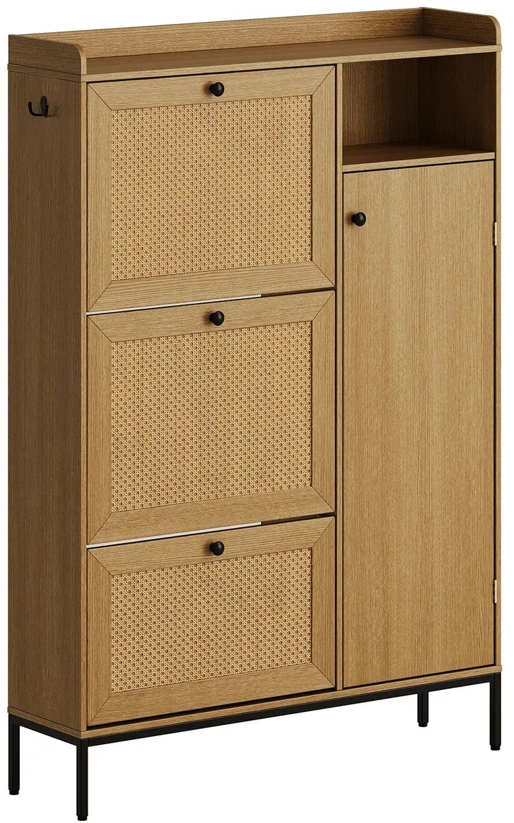 Emvae Schoenenkast - Schoenenkast met Kanteldeuren - Schoenenopbergkast voor Hal en Entree - 3 Klepladen en 4 Planken - 90 x 12,5 x 131 cm - MDF, PB en PE-rotan - Naturel
