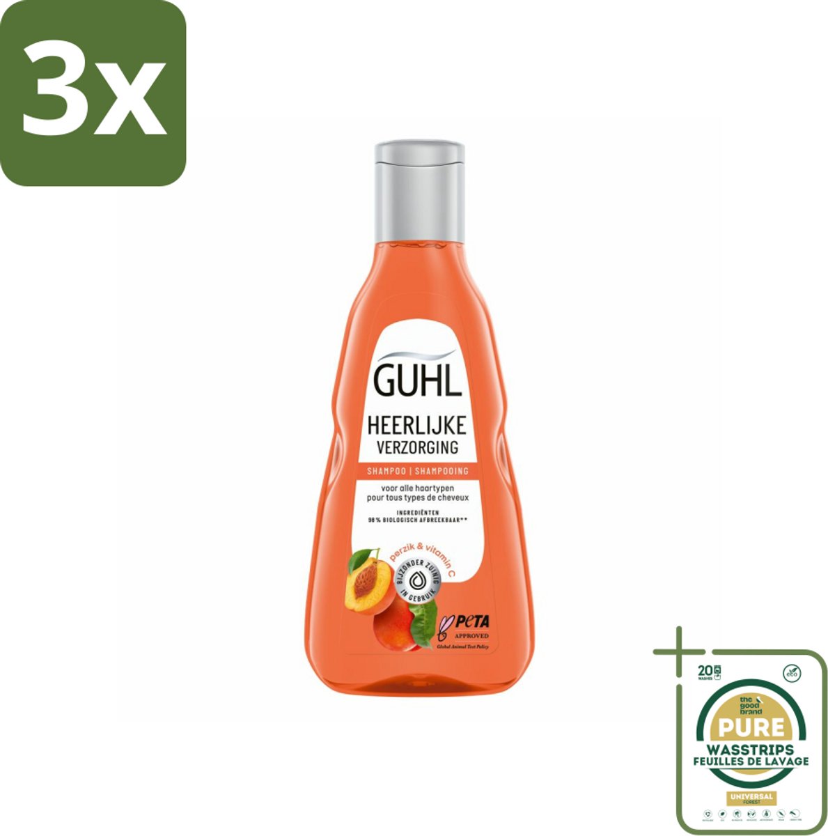 3 x Guhl - Shampoo - Heerlijke Verzorging - 250 ml - Grootverpakking - Shampoo Voor Haar - Verzorging Shampoo - Perziksap Shampoo - Vitamine C Shampoo - Gezond Haar