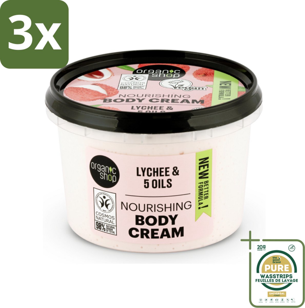 3 x Organic Shop - Nourishing Body Cream Lychee - Hydraterend en Voedend - 250 ml - Grootverpakking - Lychee Body Cream - Hydraterende Bodycrème - Voedende Bodycrème - Natuurlijke Bodycrème - Huidverzorging