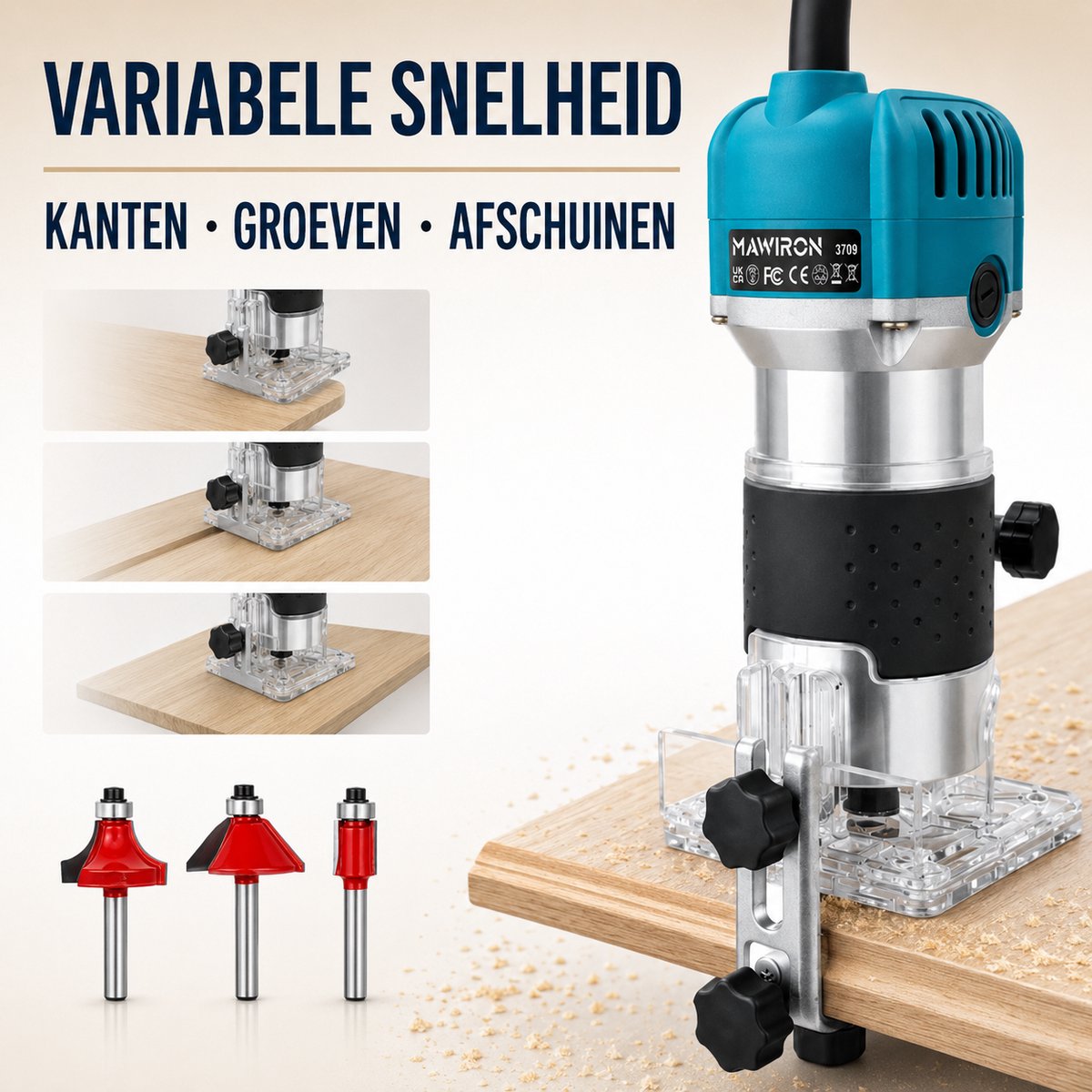 Psogpone Elektrische Freesmachine – Regelbare Kantenfrees voor Hout – Inclusief 15-delige Frezenset en Geleiders – EU-stekker