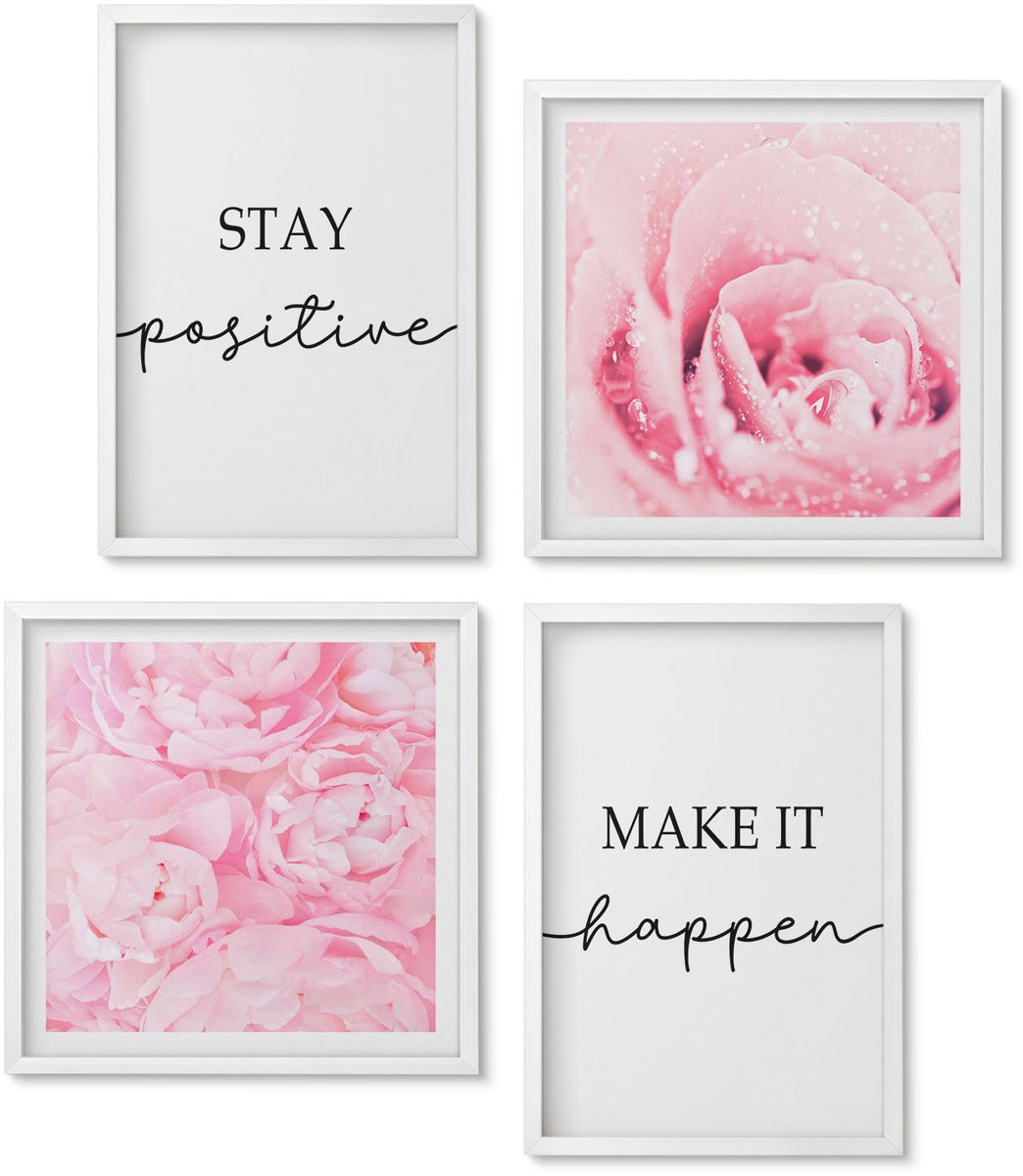 Wallfluent 4-Delige Schilderij Set - Minimalistische, Inspirerende Roze Bloemenletters - 40 x 40 En 40 x 60 - Wanddecoratie - Muurdecoratie - Woonkamer - Stijlvolle Muurdecoratie