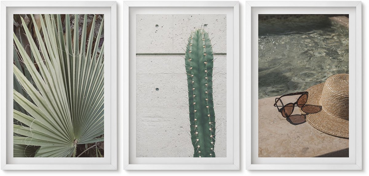 Wallfluent 3-Delige Schilderij Set - Tropische Planten En Vakantieaccessoires Aan Het Water - 40 x 60 - Wanddecoratie - Muurdecoratie - Moderne Interieurdecoratie - Moderne Wanddecoratie