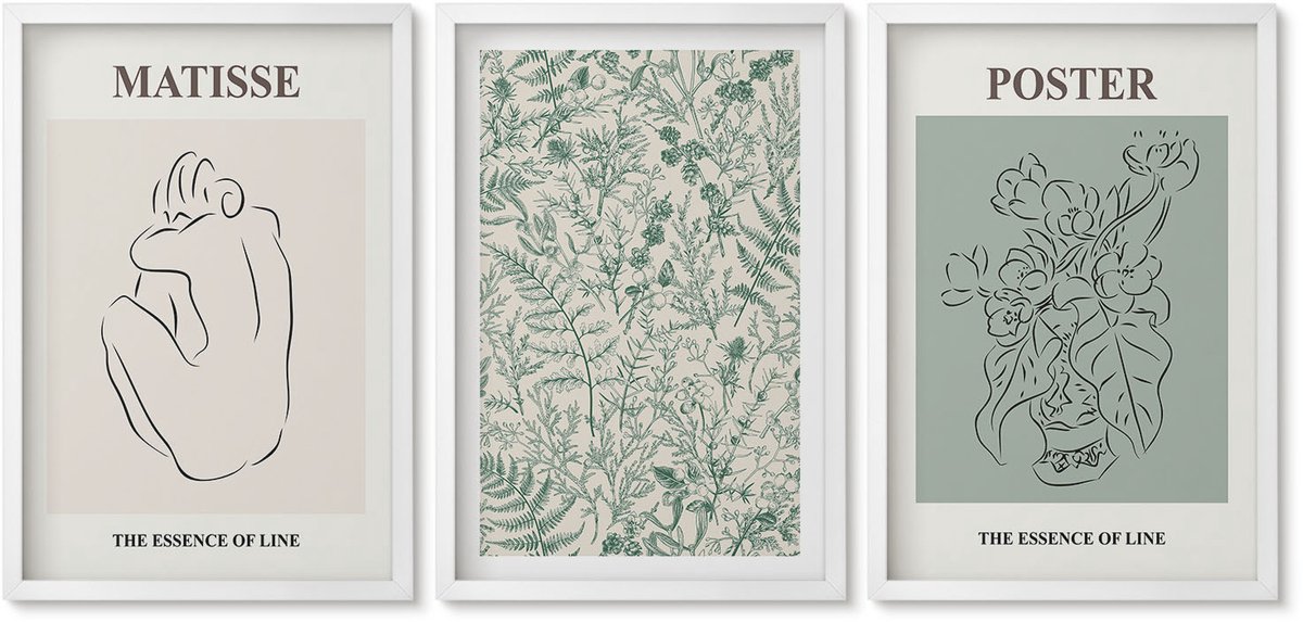 Wallfluent 3-Delige Schilderij Set - Lijnen En Plantmotieven In Een Minimalistische Stijl. - 40 x 60 - Wanddecoratie - Muurdecoratie - Moderne Interieurdecoratie - Stijlvolle Muurdecoratie