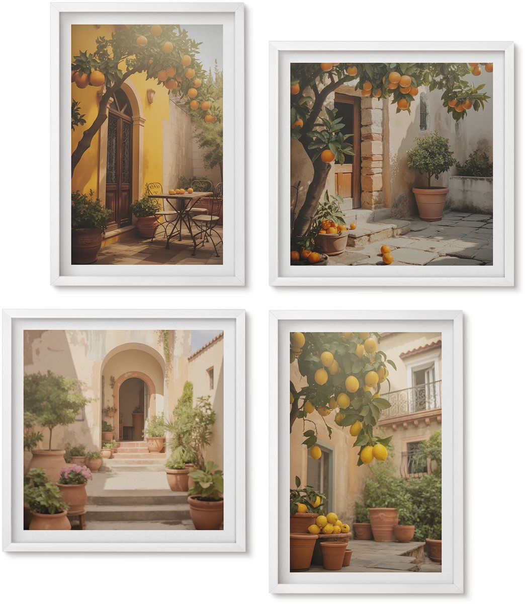 Wallfluent 4-Delige Schilderij Set - Zonnig Terras Met Citrusbomen En Potten. - 40 x 40 En 40 x 60 - Wanddecoratie - Muurdecoratie - Moderne Interieurdecoratie