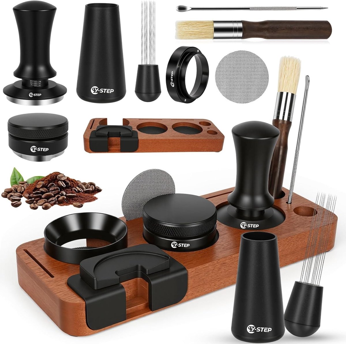 Koffie verdeler - Hout en RVS - 8-delige espresso accessoireset met 51 mm tamper en tamperstation - Voor barista en koffieliefhebbers