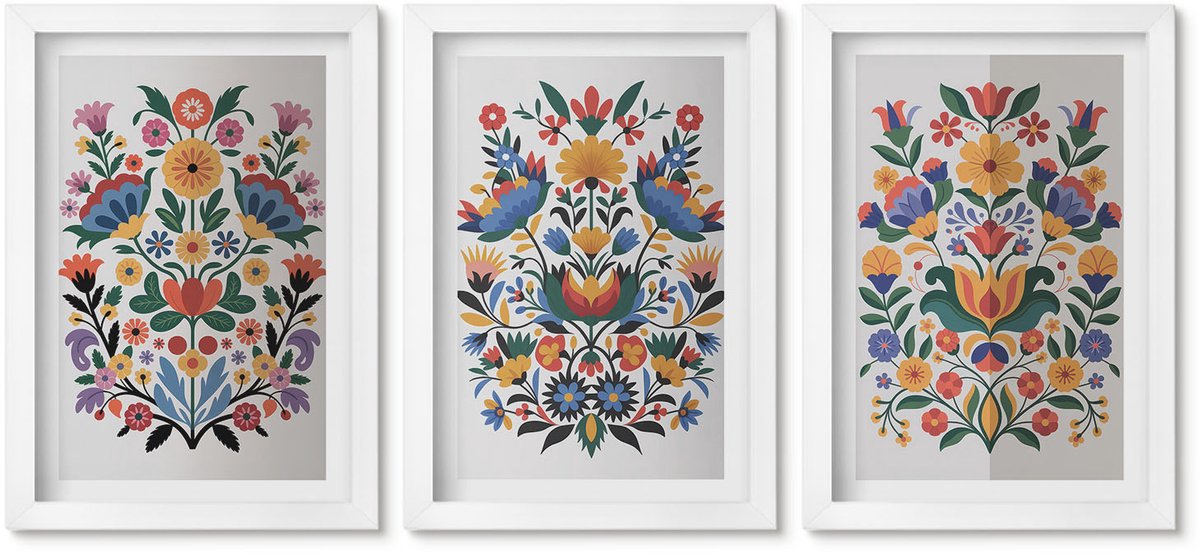 Wallfluent 3-Delige Schilderij Set - Bloemmotieven In Intense Kleuren Op Een Witte Achtergrond. - 20 x 30 - Wanddecoratie - Moderne Interieurdecoratie - Stijlvolle Muurdecoratie