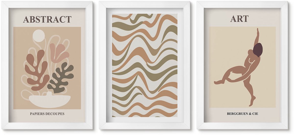Wallfluent 3-Delige Schilderij Set - Matisse Boho Abstracte Vormen En Patronen - 20 x 30 - Decoratieve Muurdecoratie - Slaapkamer - Stijlvolle Muurdecoratie