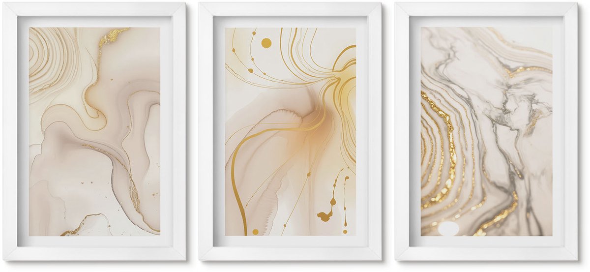 Wallfluent 3-Delige Schilderij Set - Subtiele Abstracte Verfspatpatronen - 20 x 30 - Muurdecoratie - Wanddecoratie - Slaapkamer - Decoratieve Schilderijen